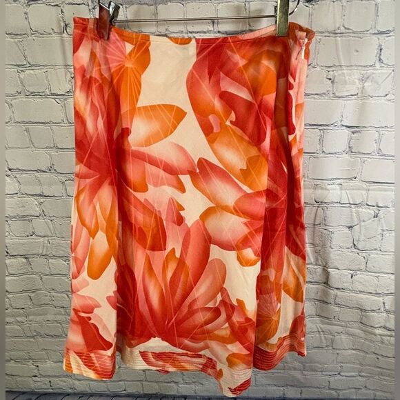 Dkny Dresses & Skirts - DKNT Jeans Orange Cream Tropical Floral Cottagecore Cotton Midi Skirt Size 10